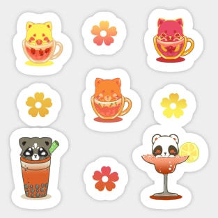 Set Kawaii and cute animal with Drinks Stickers orange yellow and pink drinks Sticker